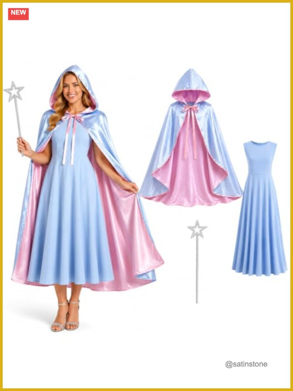 Fairy Godmother Costume Set 3 Piece Dress Hooded Cape Star Wand Cosplay